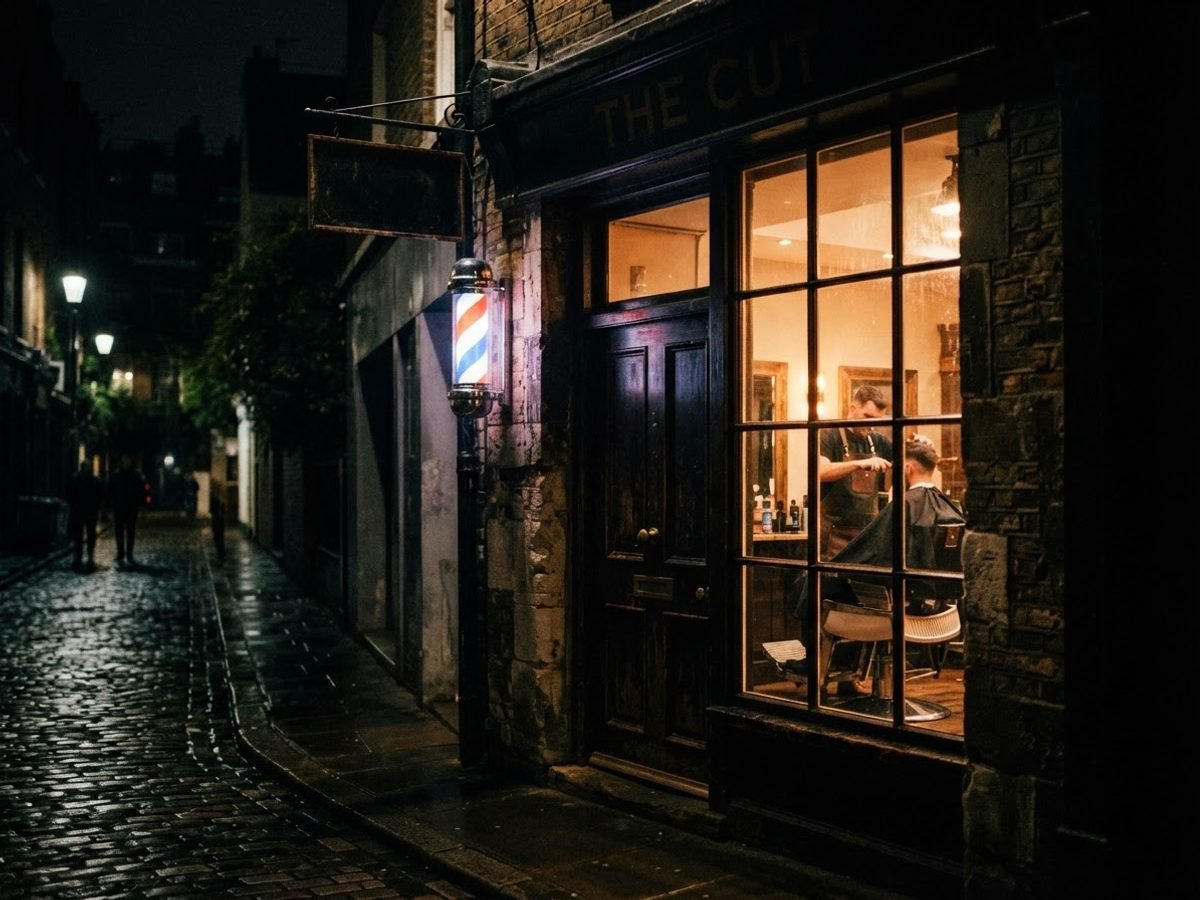 Barbershop exterior at night