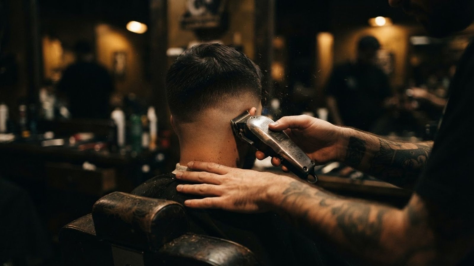 Barber clippers mid-fade, cinematic light