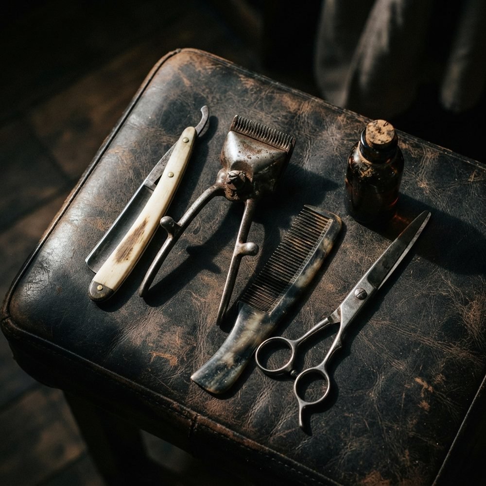 Vintage barber tools flat lay
