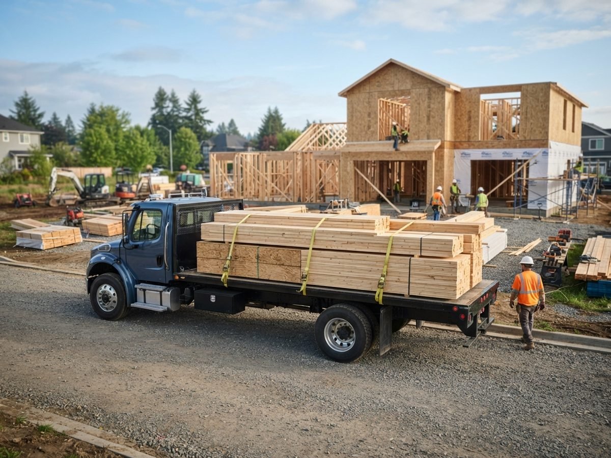Flatbed delivery truck with lumber