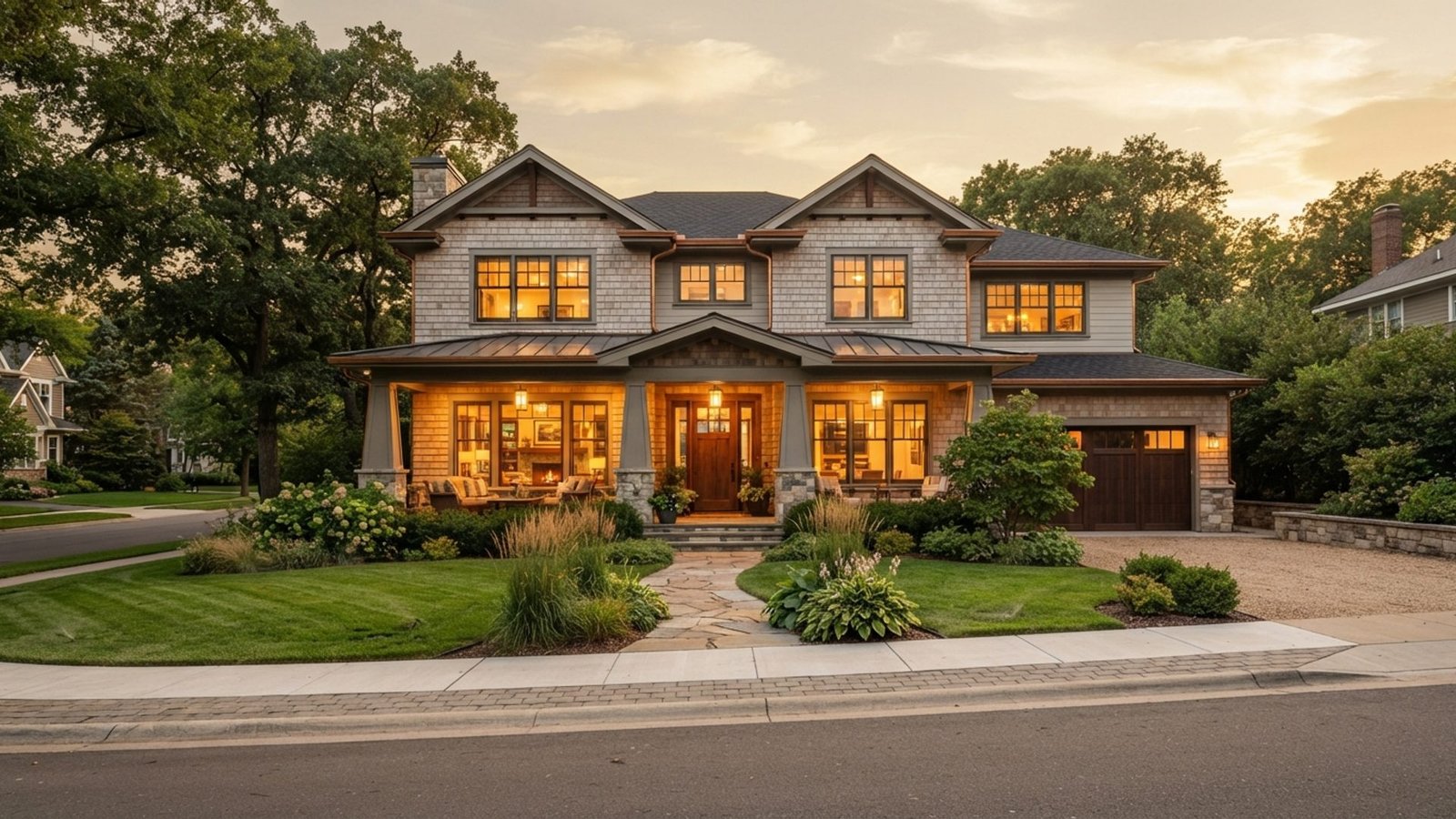 Modern craftsman home at golden hour