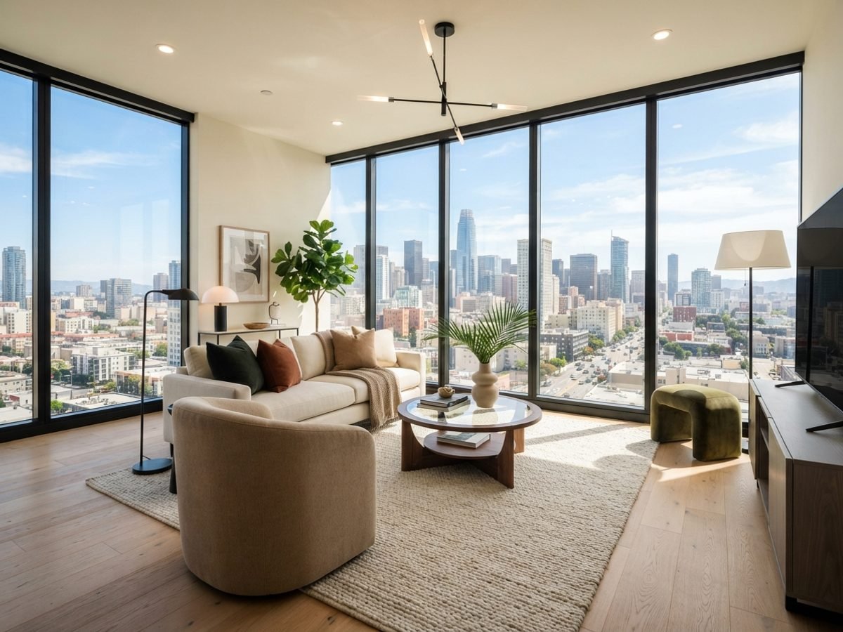 Bright condo living room with city view