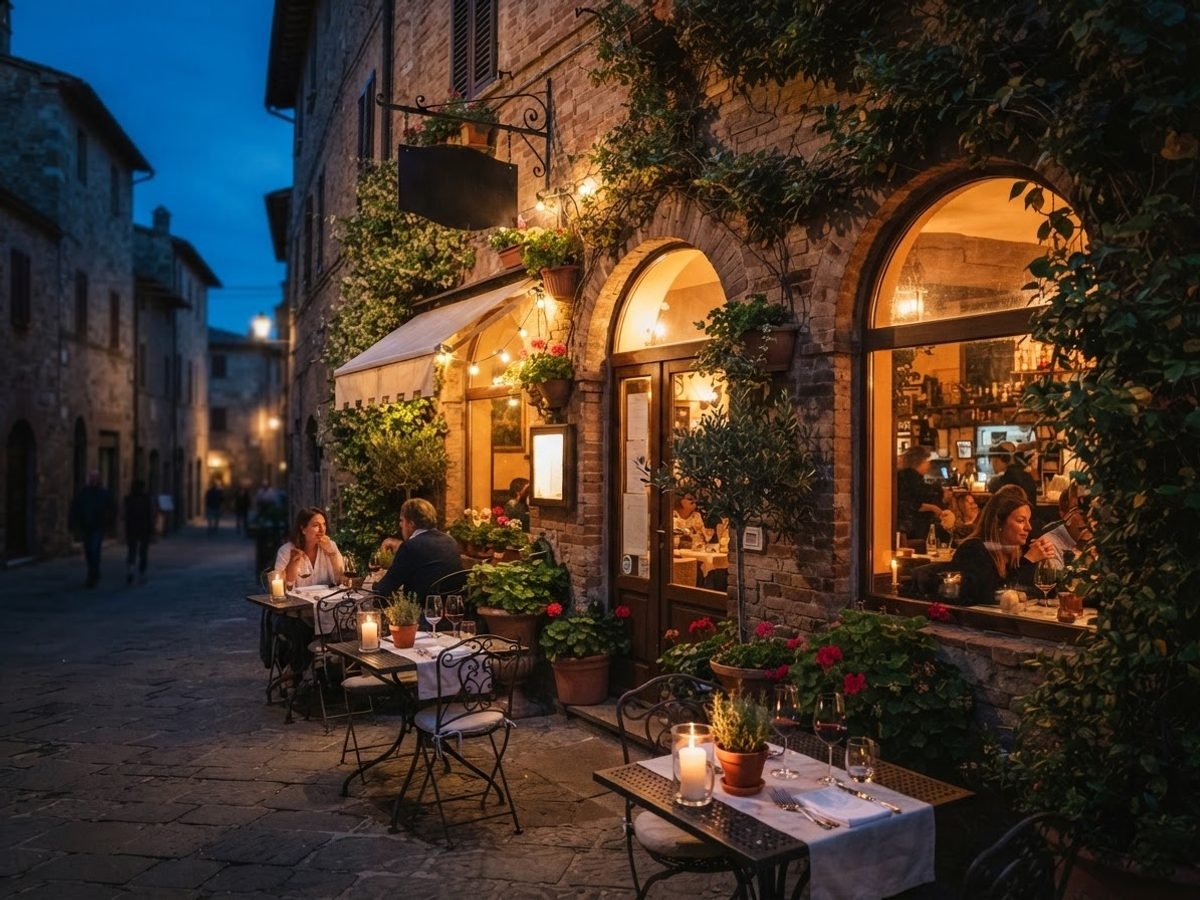 Restaurant exterior at dusk