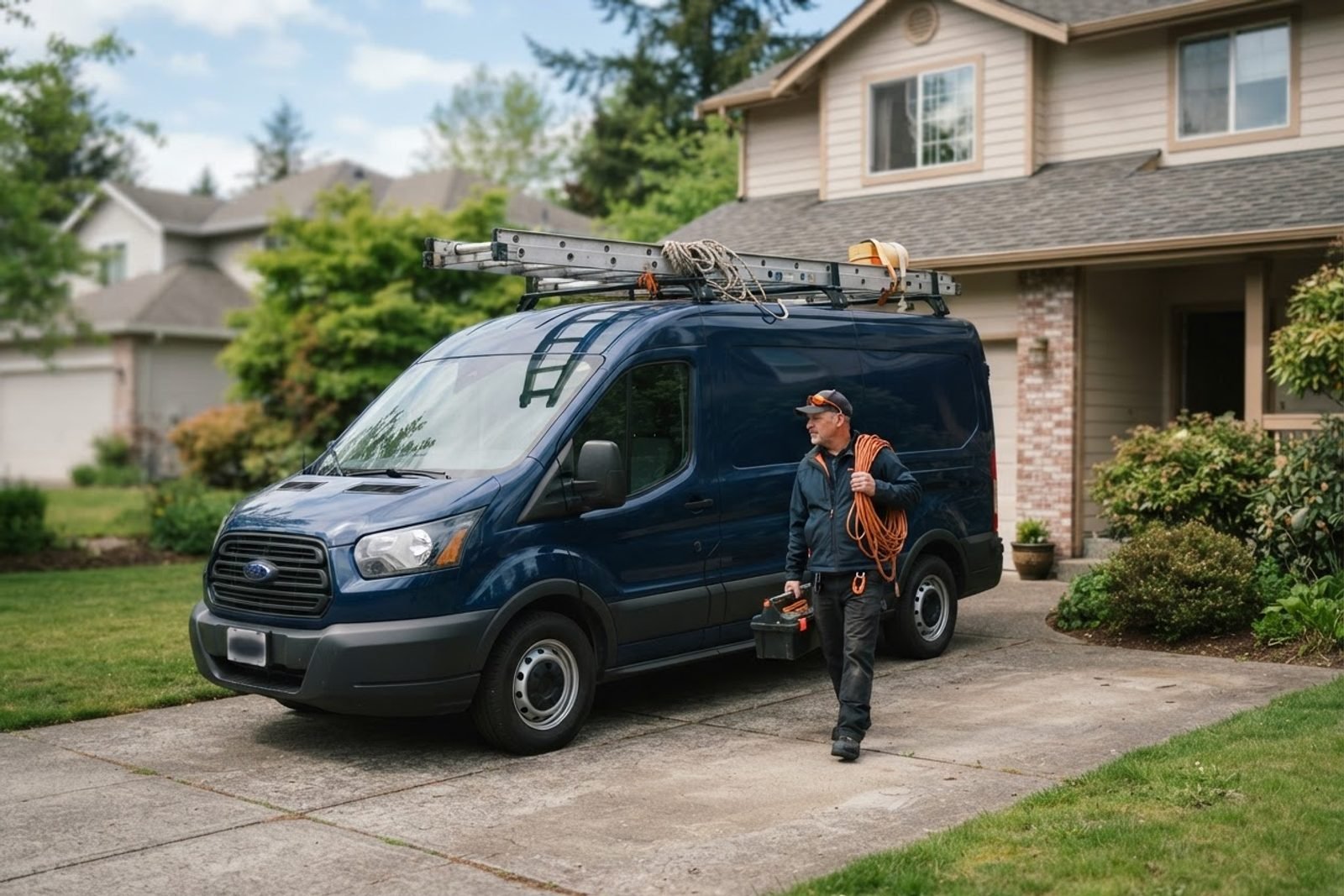 Navy work van in driveway