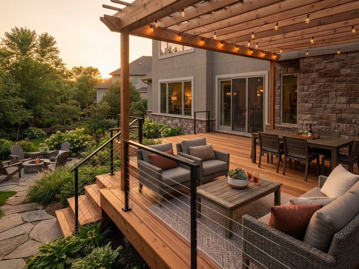 New cedar deck at golden hour